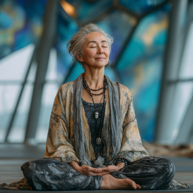 Пожилая женщина выполняет упражнения йоги на природе