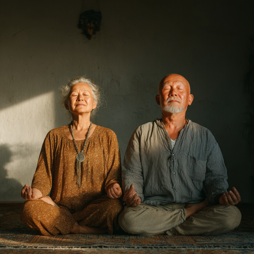 Группа пожилых людей занимается йогой в студии